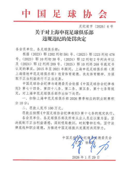 官方：上海海港2026赛季中超将被扣除5个积分